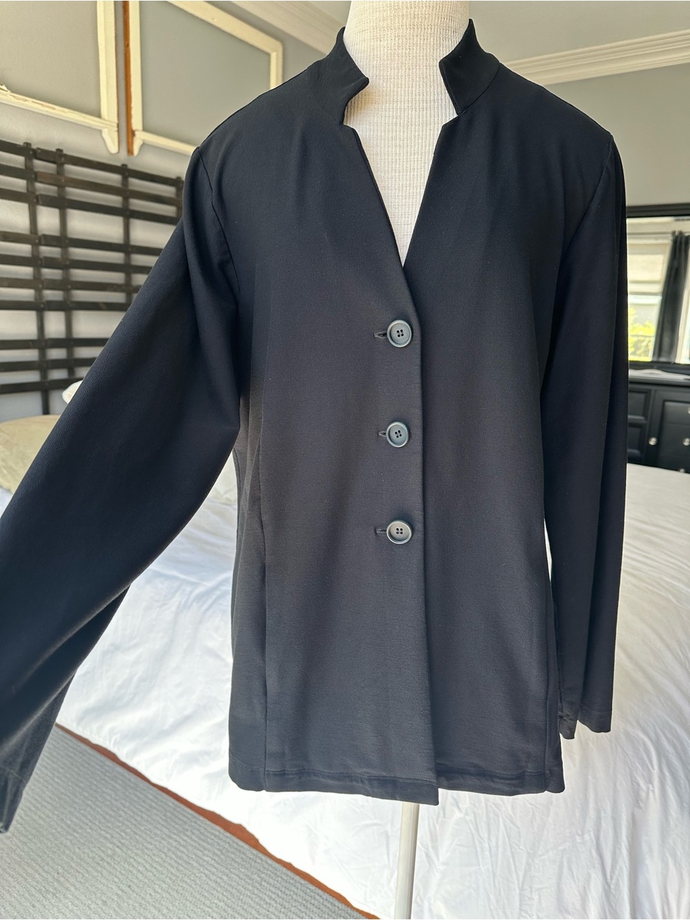 Eileen Fisher Black Mandarin Collar Button-Front Jacket size large